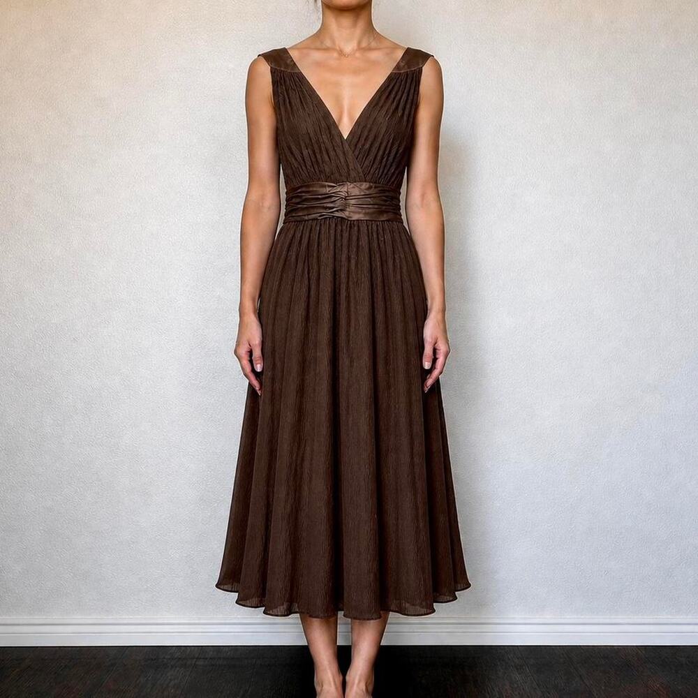 Vintage Italian 100% SILK Chiffon Maggy London Brown Luxury Midi Dress Size M